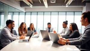 Business team collaborating in a modern office setting with engaging visuals.