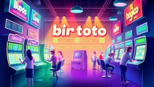 Adegan permainan dinamis menampilkan kegembiraan perjudian online Birutoto dengan warna-warna cerah dan desain modern.