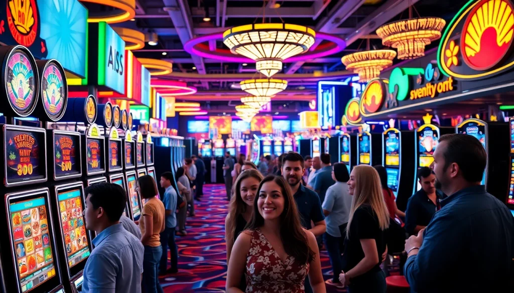 Menampilkan petanitoto dalam suasana kasino yang meriah dengan pemain yang antusias.