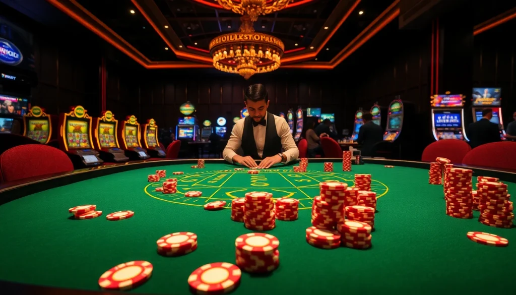 Experience thrilling gameplay at 789BET with a luxurious casino setting featuring professional dealers and vibrant slot machines.