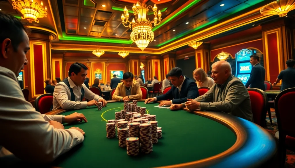 High-stakes players engage in a thrilling poker game at https://journal.unj.ac.id/, surrounded by vibrant casino ambiance.
