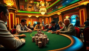 High-stakes players engage in a thrilling poker game at https://journal.unj.ac.id/, surrounded by vibrant casino ambiance.