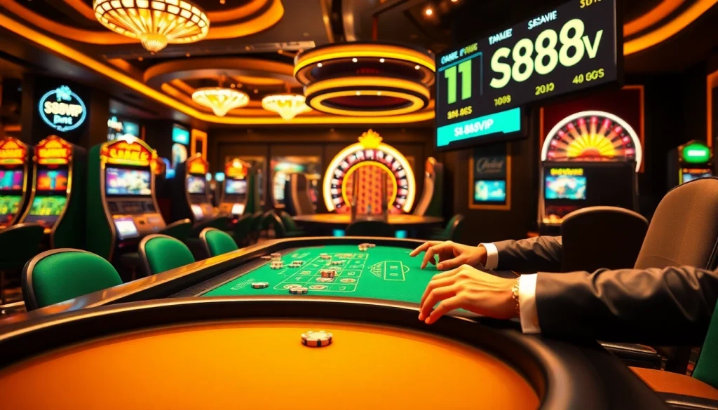 S88VIP online casino gaming scene with blackjack table, roulette wheel, and vibrant slot machines.