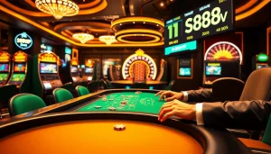 S88VIP online casino gaming scene with blackjack table, roulette wheel, and vibrant slot machines.