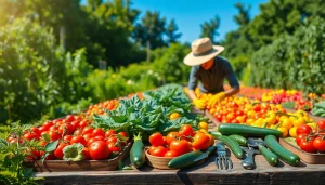 Gardening setup with a vibrant vegetable garden and a gardener tending to the plants.