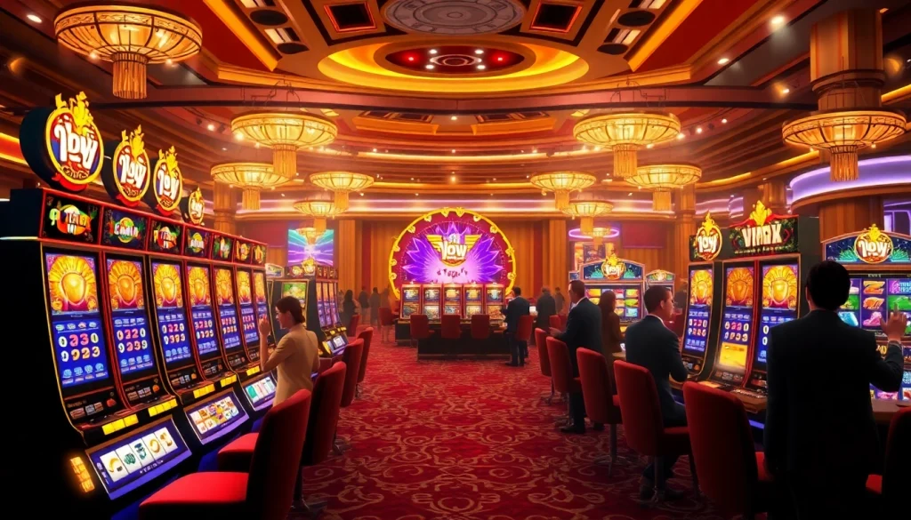 Exciting Vmax nổ hũ slot game visual with vibrant slot machines and dazzling casino lights.