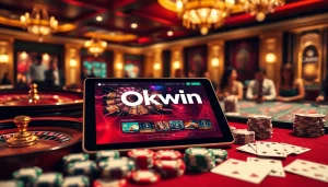 Okwin gaming interface showcased on a tablet amidst vibrant casino elements like roulette and poker chips.