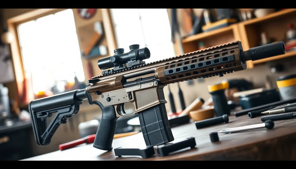 Showcasing the super safety ar15 installation on a detailed workbench with tools.