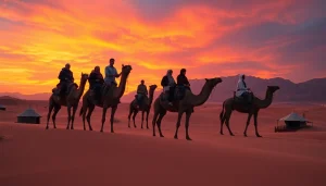 Camel ride Marrakech at sunset with travelers on camels in Agafay Desert.