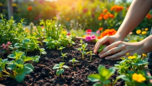 Gardening scene showcasing a gardener planting seedlings in rich soil with vibrant flowers in the background.