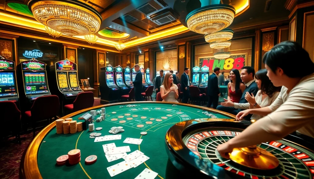 Engaging gambling scene at Nhà cái MM88 with luxury casino tables and vibrant slot machines.