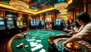 Engaging gambling scene at Nhà cái MM88 with luxury casino tables and vibrant slot machines.