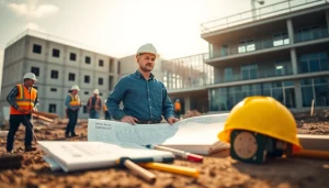 New Jersey Commercial General Contractor supervising construction activities with blueprints and tools.