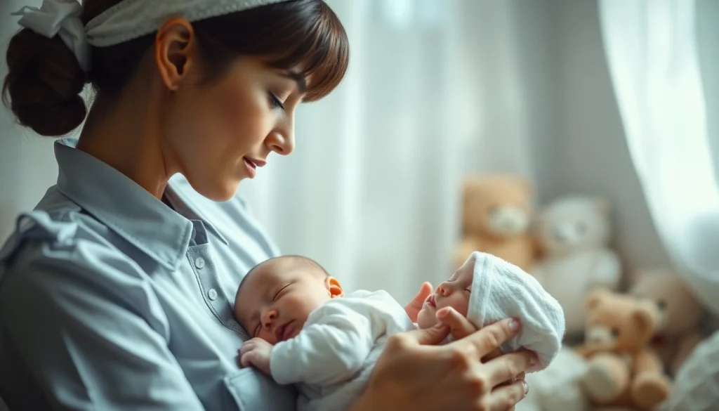 The infant care maid tenderly cares for a sleeping baby in a serene nursery setting.