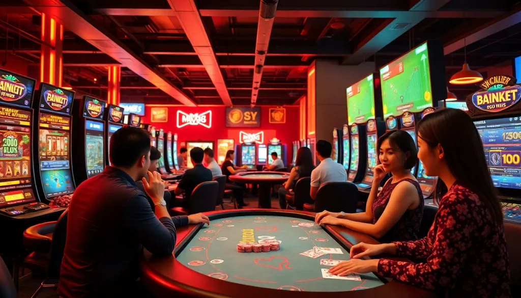 Experience the excitement of online gaming at https://mm88.agency/, featuring diverse players enjoying blackjack and slots.