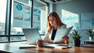 Businesswoman analyzing data reports in a modern office setting.