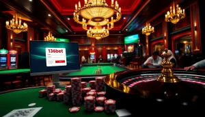 Engage with the 136bet Login scene featuring an elegant casino setup and vibrant gaming elements.