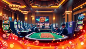 Engaging in high-stakes gaming at Loto188, with exciting visuals of casino tables and slot machines.