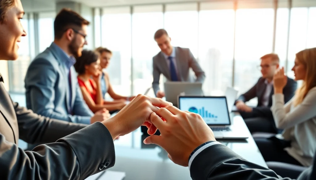 Engaging Business professionals collaborating in a bright, modern office environment.