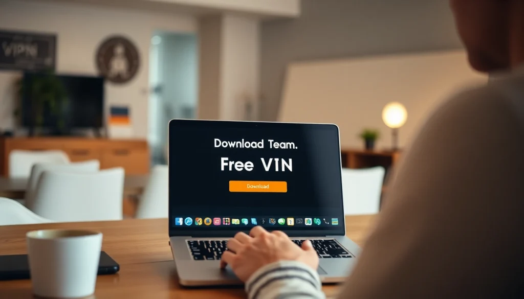 Download free VPN: user engaged in VPN software installation on a laptop.