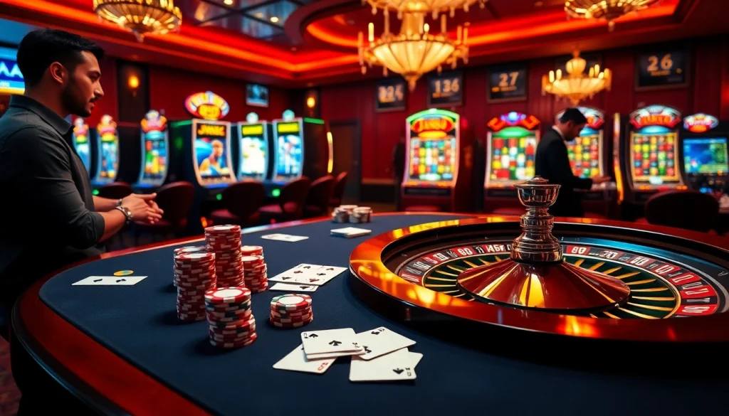 Experience thrilling gameplay at JUN88 with vibrant poker chips and a glamorous roulette wheel.