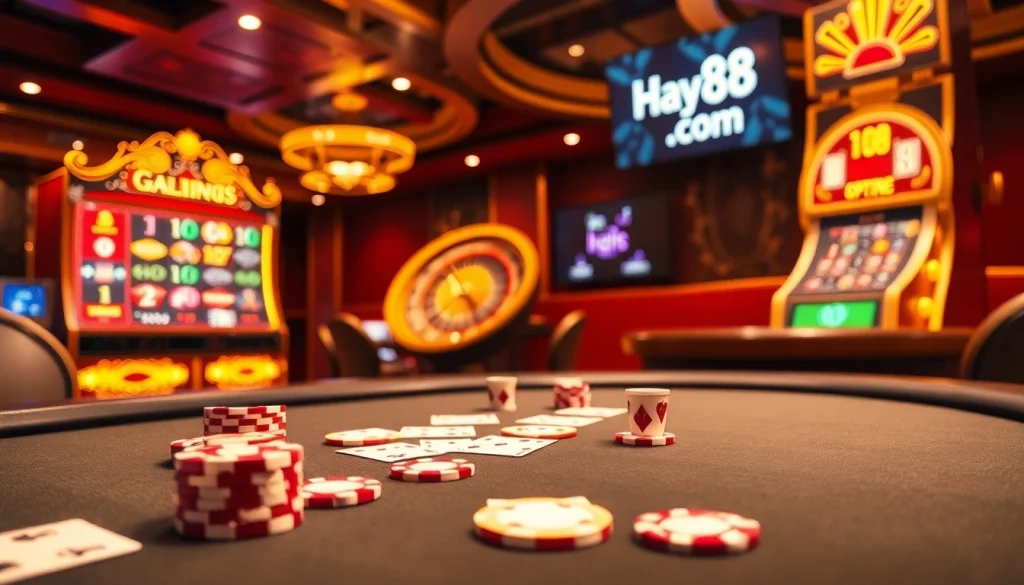 Experience the thrill of Hay88 com with vibrant casino elements like poker chips and a roulette wheel.