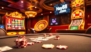 Experience the thrill of Hay88 com with vibrant casino elements like poker chips and a roulette wheel.
