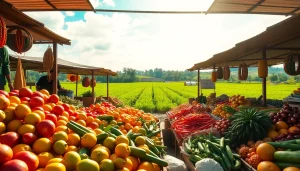 Petani toto menunjukkan pasar petani yang penuh warna dengan hasil pertanian segar.