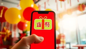 기프티콘을 보여주는 스마트폰 이미지와 축제 느낌의 배경으로 선물의 즐거움을 표현합니다.