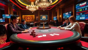 Engaged players at a vibrant poker table in a luxurious casino, highlighting vn168 betting strategies.