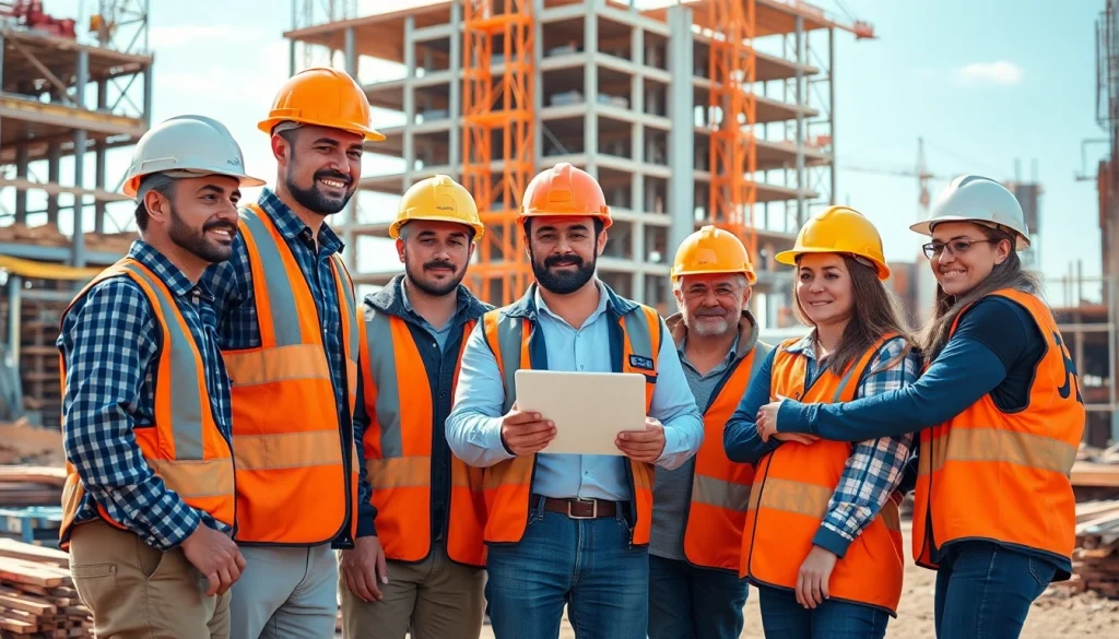 Showcase construction workforce development with professionals collaborating on a construction site.