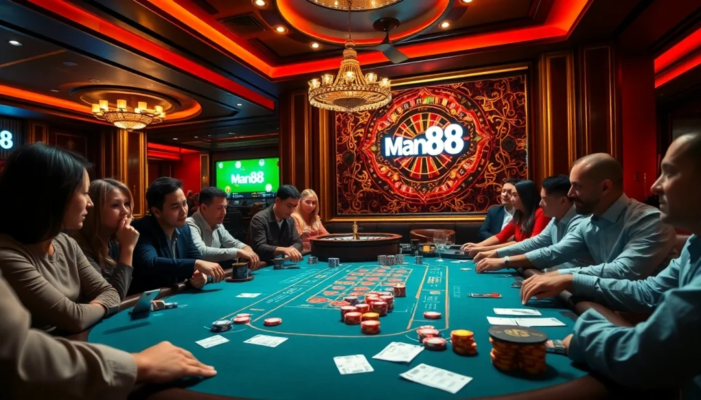 Exciting casino scene with Man88 poker table, vibrant chips, and roulette wheel in rich colors.