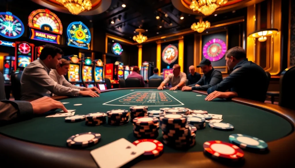 Engage with onicplay's exciting casino scene showcasing players at a poker table surrounded by vibrant slot machines and roulette.