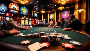 Engage with onicplay's exciting casino scene showcasing players at a poker table surrounded by vibrant slot machines and roulette.