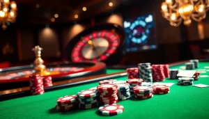 SODO casino scene with vibrant poker chips and players at the table, capturing the excitement of gambling.