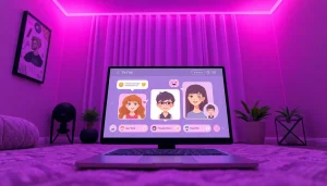 Engaging interactive NSFW AI chatbot scene with playful avatars and chat bubbles.