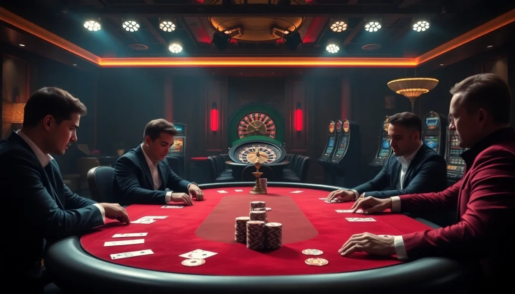 A vibrant casino scene illustrating the excitement of gambling, reflecting on the question is hidden wiki illegal amidst the thrill of poker and roulette.