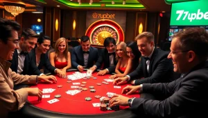 Playing poker at 7upbet casino with colorful chips and cards in a luxurious setting.