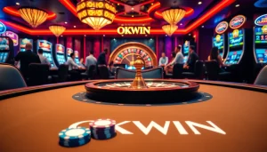 Experience the thrill of gambling at OKWIN with a vibrant casino atmosphere showcasing poker tables and slot machines.