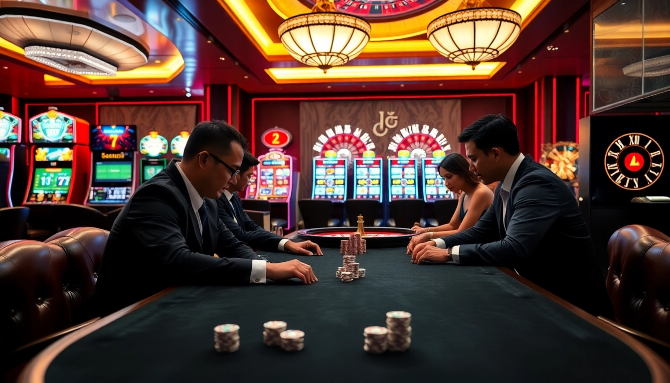 Gambling at a poker table featuring rebahin-themed decor and vibrant casino atmosphere.