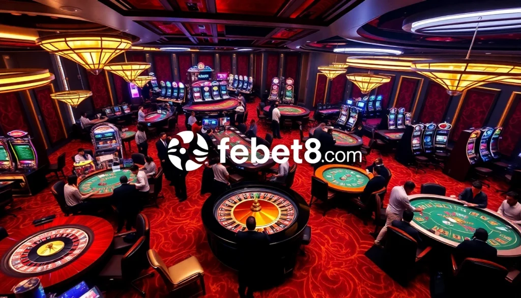 A dynamic casino scene featuring players enjoying live games on https://febet8.com with vibrant tables and slot machines.