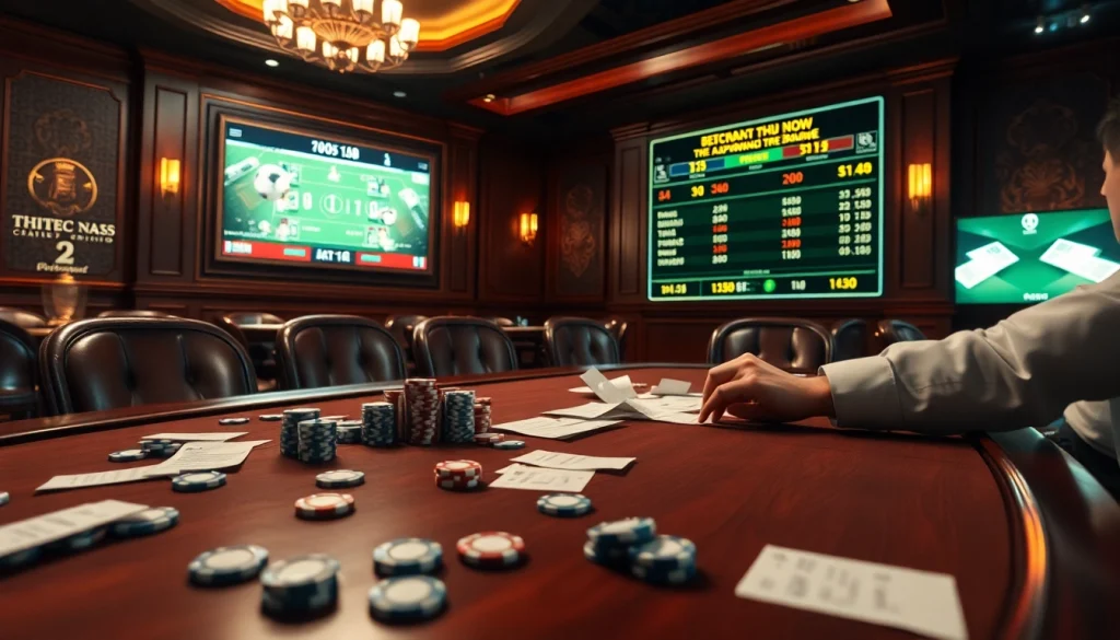 Betting on Kèo hiệp 2 with excitement at a luxury casino table surrounded by poker chips.