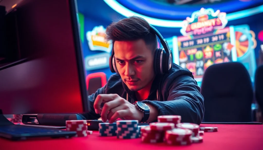 Permainan slot online gudangcuan yang menarik dengan pemain yang fokus di latar belakang.