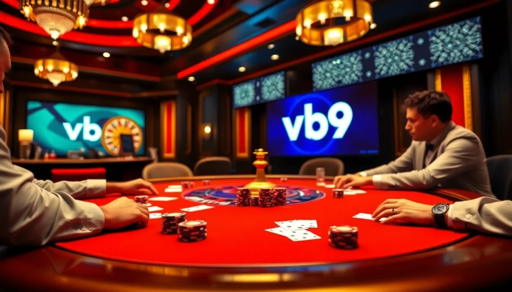 Players gamble at a high-stakes poker table with vb9 chips and vibrant cards in a luxurious casino setting.