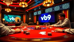 Players gamble at a high-stakes poker table with vb9 chips and vibrant cards in a luxurious casino setting.