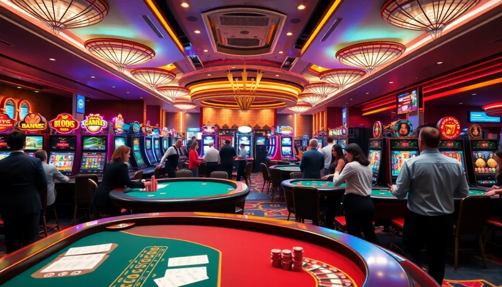 Exciting casino atmosphere featuring s88vip games with players at tables and vibrant slot machines.