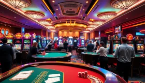 Exciting casino atmosphere featuring s88vip games with players at tables and vibrant slot machines.