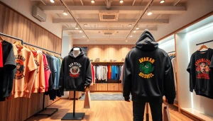 Džemperiai su spauda stilingai rodomi modernioje drabužių parduotuvės aplinkoje, demonstruojant ryškius individualius spaudinius.