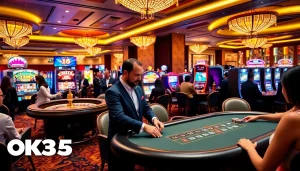 Engaged players enjoying a high-stakes poker game at OK365 Casino, showcasing excitement and luxury.