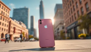 Captura del iPhone 15 rosa mostrando su elegante diseño en un entorno urbano moderno.
